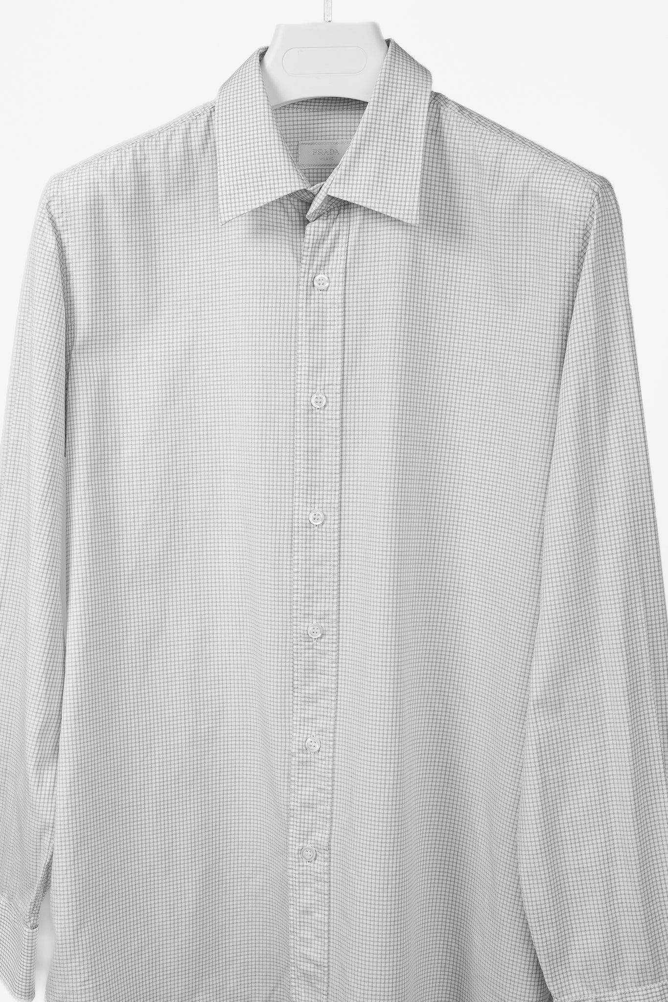 Prada 2015 Small Check White & Taupe Cotton Button-Up Oxford