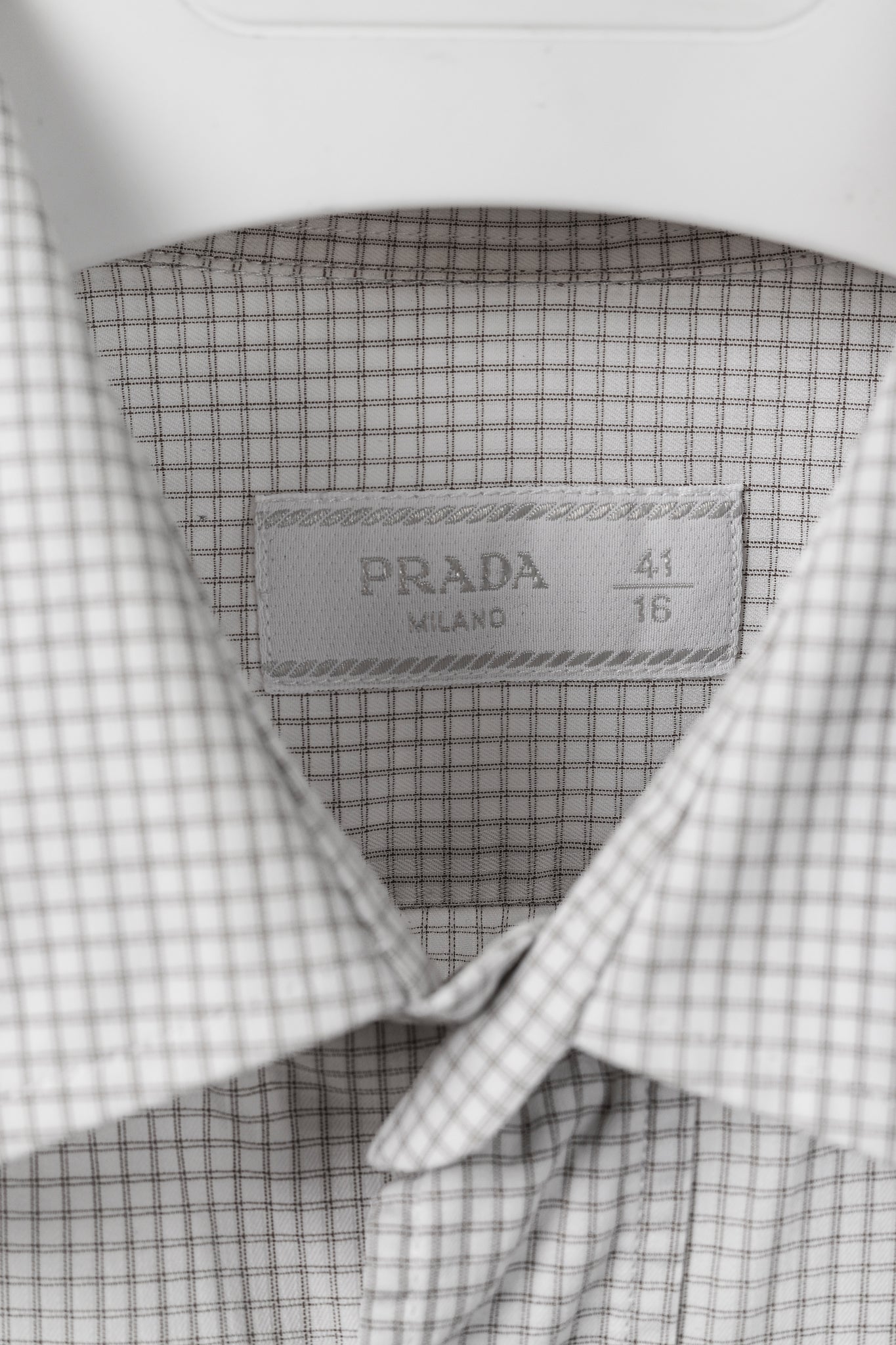 Prada 2015 Small Check White & Taupe Cotton Button-Up Oxford