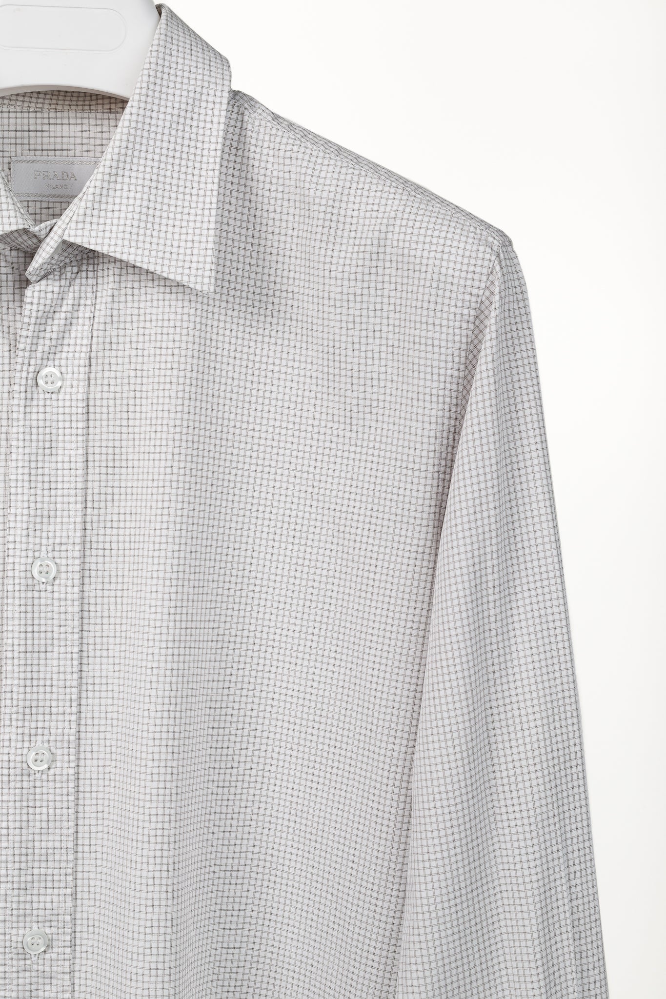 Prada 2015 Small Check White & Taupe Cotton Button-Up Oxford