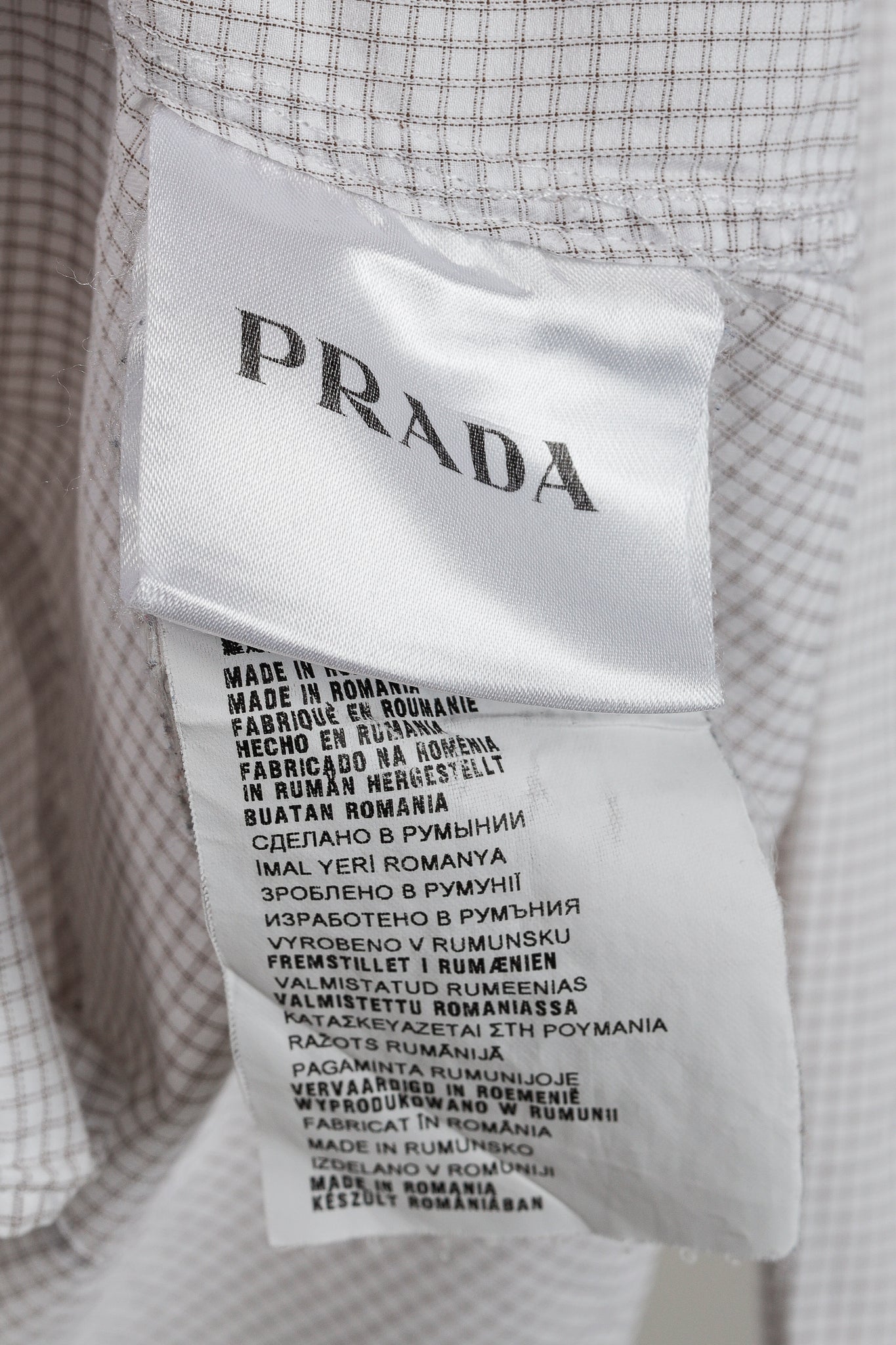 Prada 2015 Small Check White & Taupe Cotton Button-Up Oxford