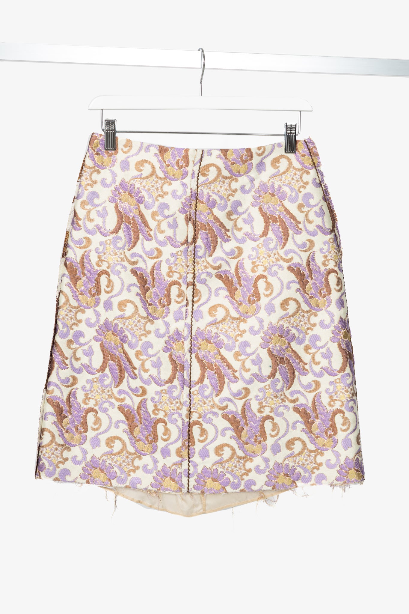 Prada SS15 Champagne & Purple Metallic-Baroque Jacquard Pencil Skirt