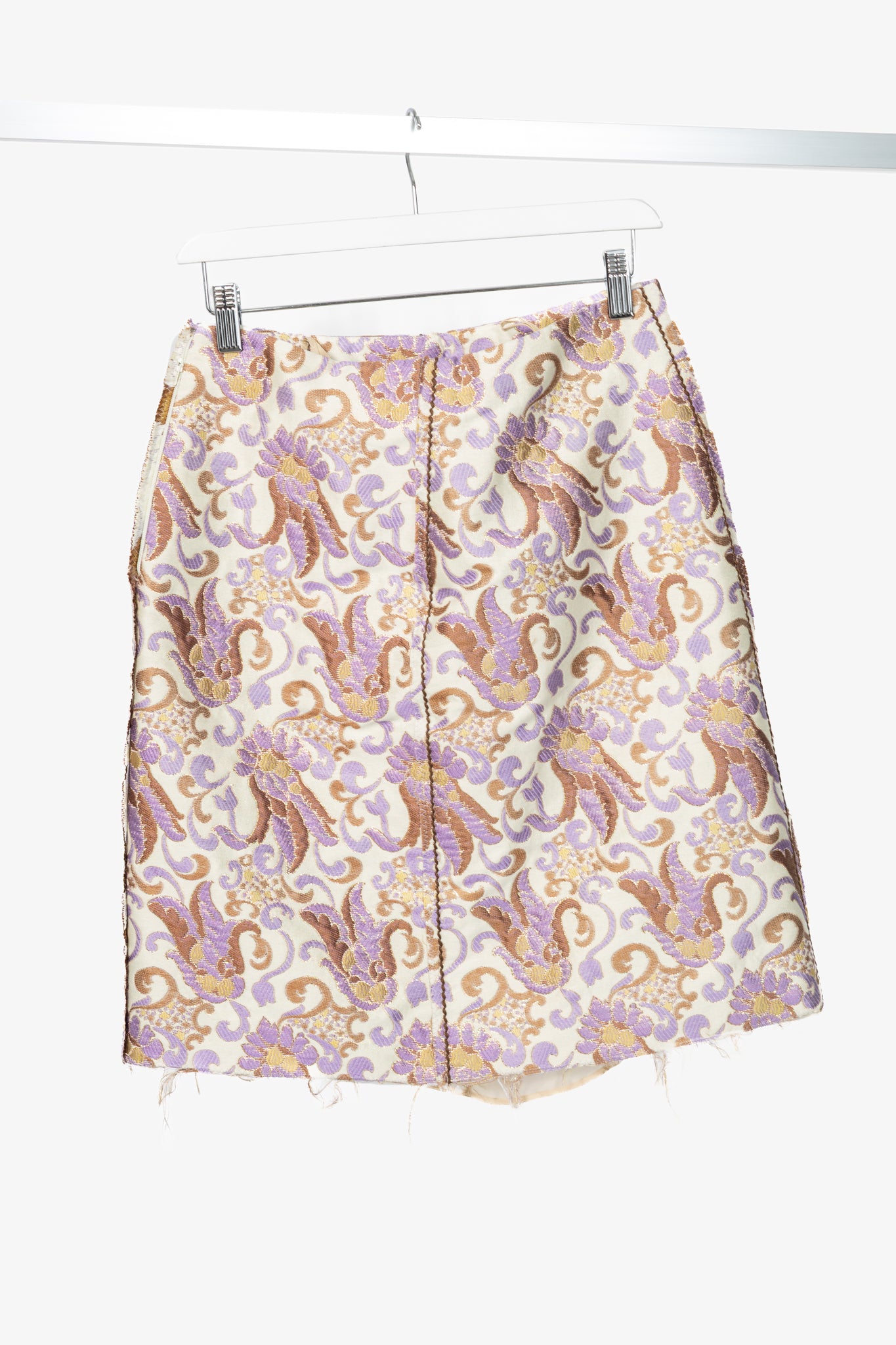 Prada SS15 Champagne & Purple Metallic-Baroque Jacquard Pencil Skirt