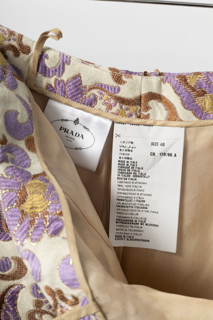 Prada SS15 Champagne & Purple Metallic-Baroque Jacquard Pencil Skirt