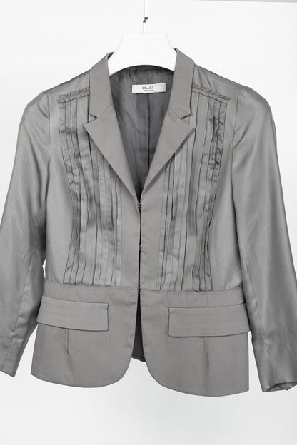 Prada Grey Silk & Cotton Pintuck Blazer