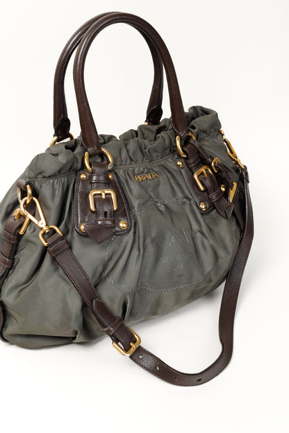 Prada Green Tessuto Jacquard-Logo Leather-Trim 2-Way Shoulder Bag