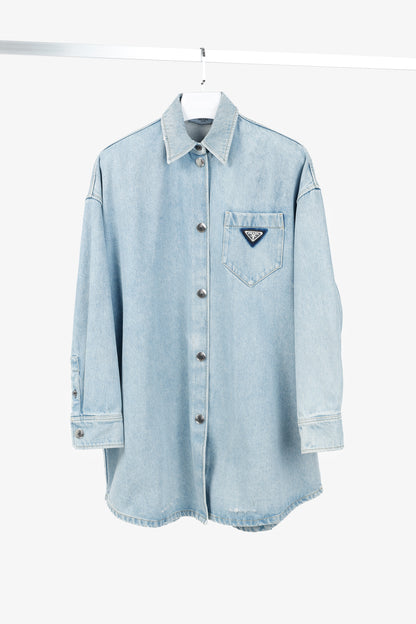 Prada Bleu Distressed Oversized Organic Denim Shirt