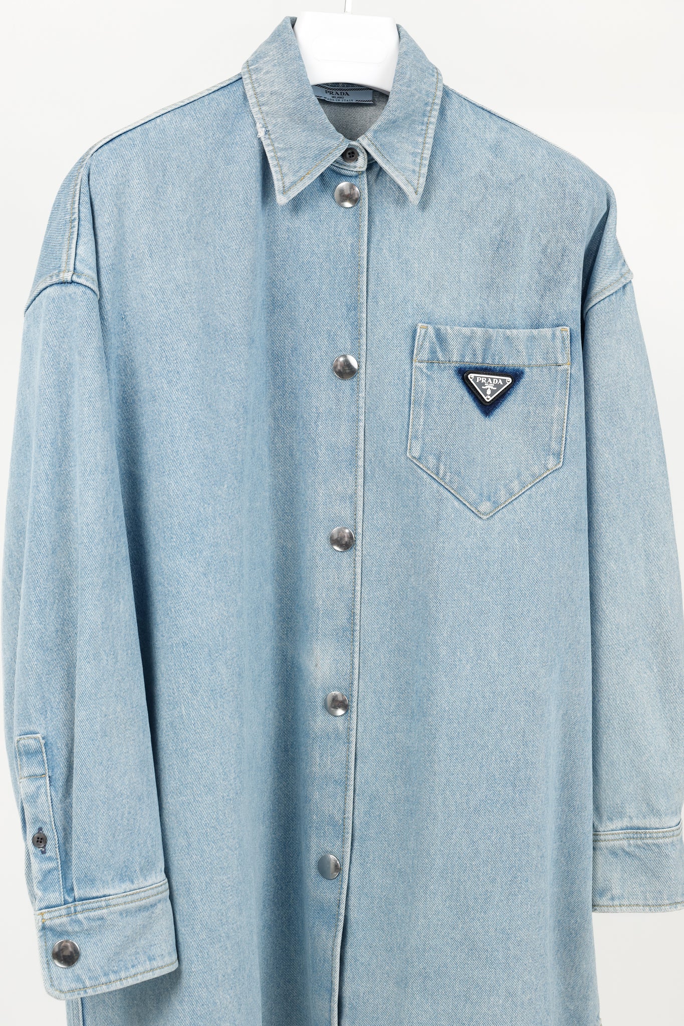 Prada Bleu Distressed Oversized Organic Denim Shirt