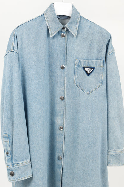 Prada Bleu Distressed Oversized Organic Denim Shirt