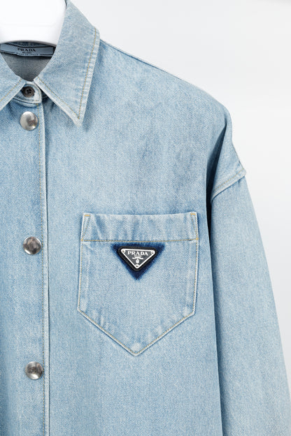 Prada Bleu Distressed Oversized Organic Denim Shirt