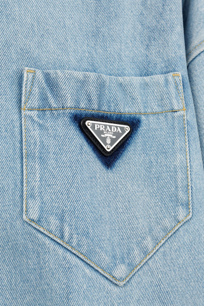 Prada Bleu Distressed Oversized Organic Denim Shirt
