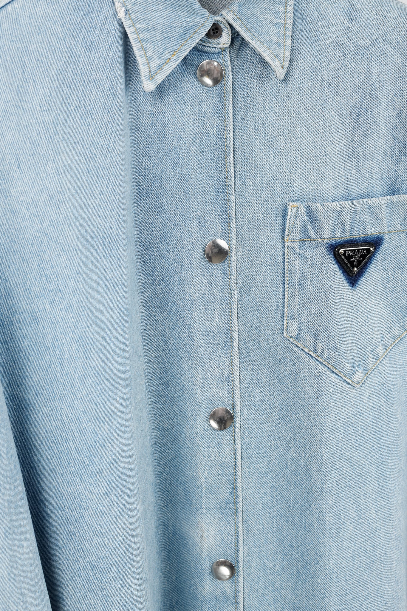 Prada Bleu Distressed Oversized Organic Denim Shirt