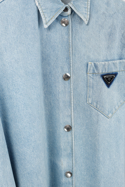 Prada Bleu Distressed Oversized Organic Denim Shirt