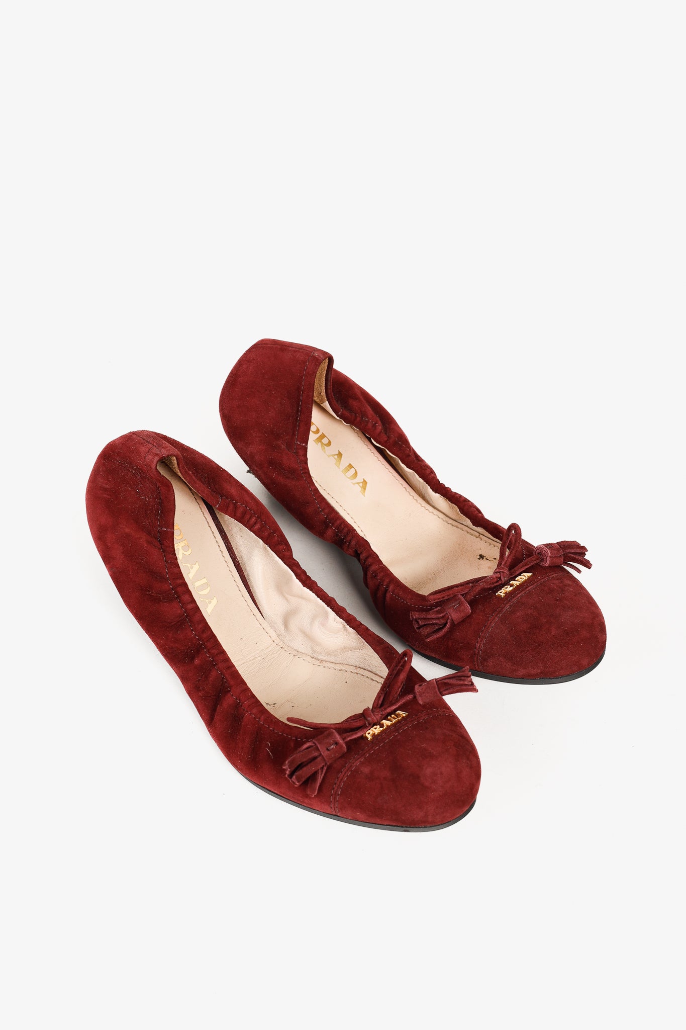 Prada Burgundy Suede Tassel-Bow Scrunch Ballet Flat