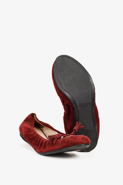 Prada Burgundy Suede Tassel-Bow Scrunch Ballet Flat