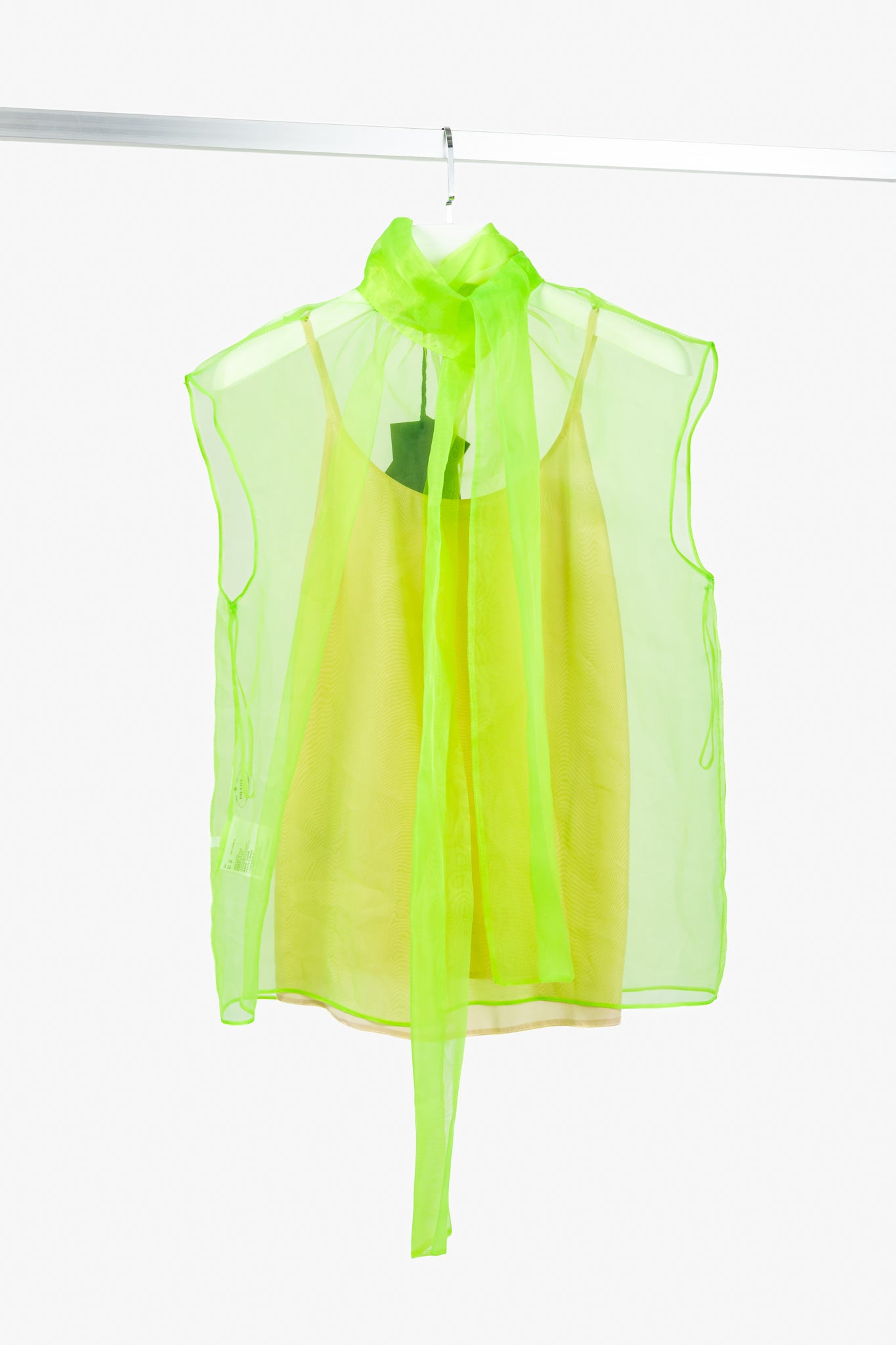 Prada AW/18 Runway Neon-Green Organza Tie-Neck Sleeveless Blouse