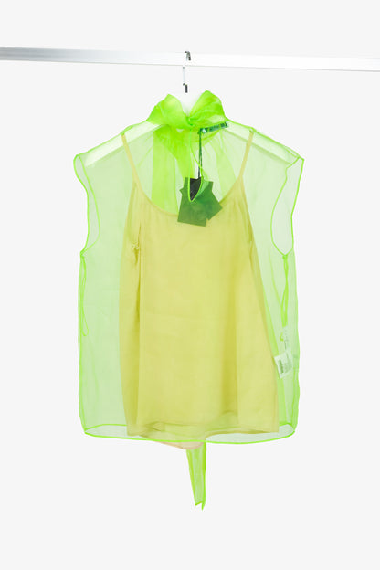 Prada AW/18 Runway Neon-Green Organza Tie-Neck Sleeveless Blouse