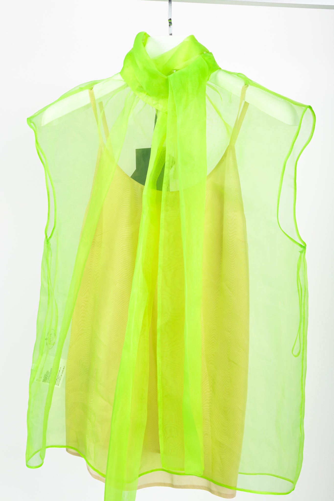 Prada AW/18 Runway Neon-Green Organza Tie-Neck Sleeveless Blouse