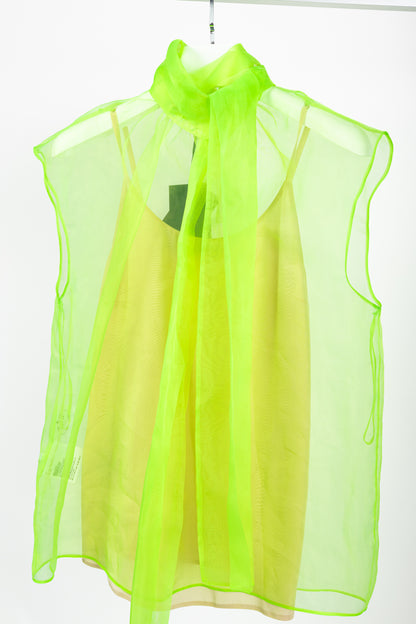 Prada AW/18 Runway Neon-Green Organza Tie-Neck Sleeveless Blouse