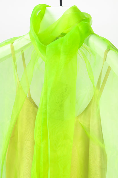 Prada AW/18 Runway Neon-Green Organza Tie-Neck Sleeveless Blouse