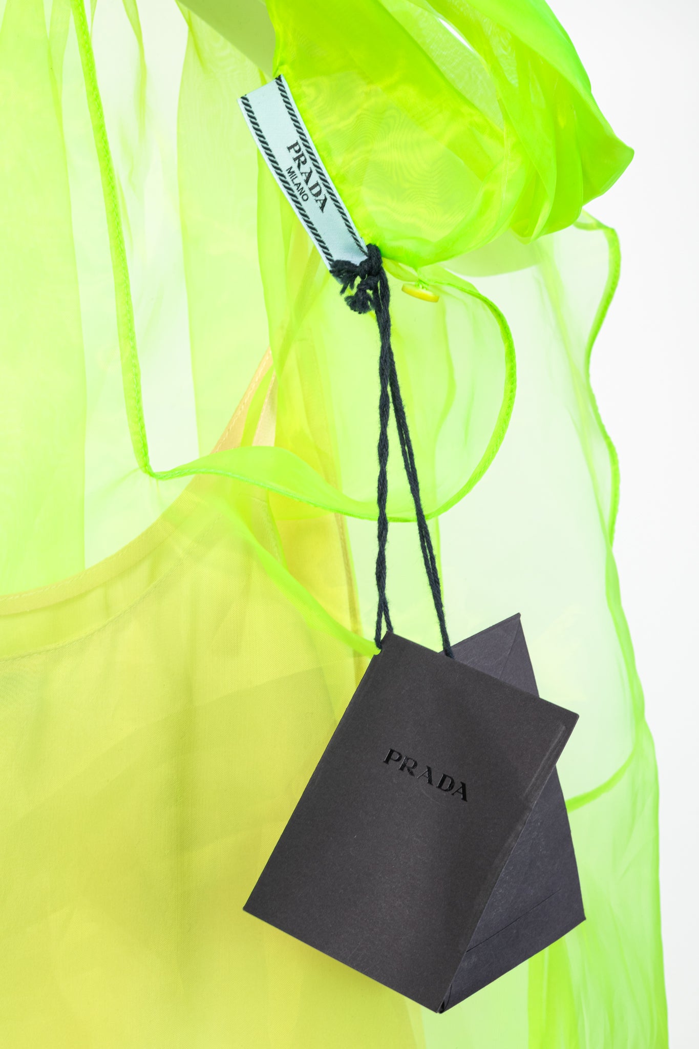 Prada AW/18 Runway Neon-Green Organza Tie-Neck Sleeveless Blouse