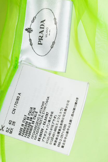 Prada AW/18 Runway Neon-Green Organza Tie-Neck Sleeveless Blouse