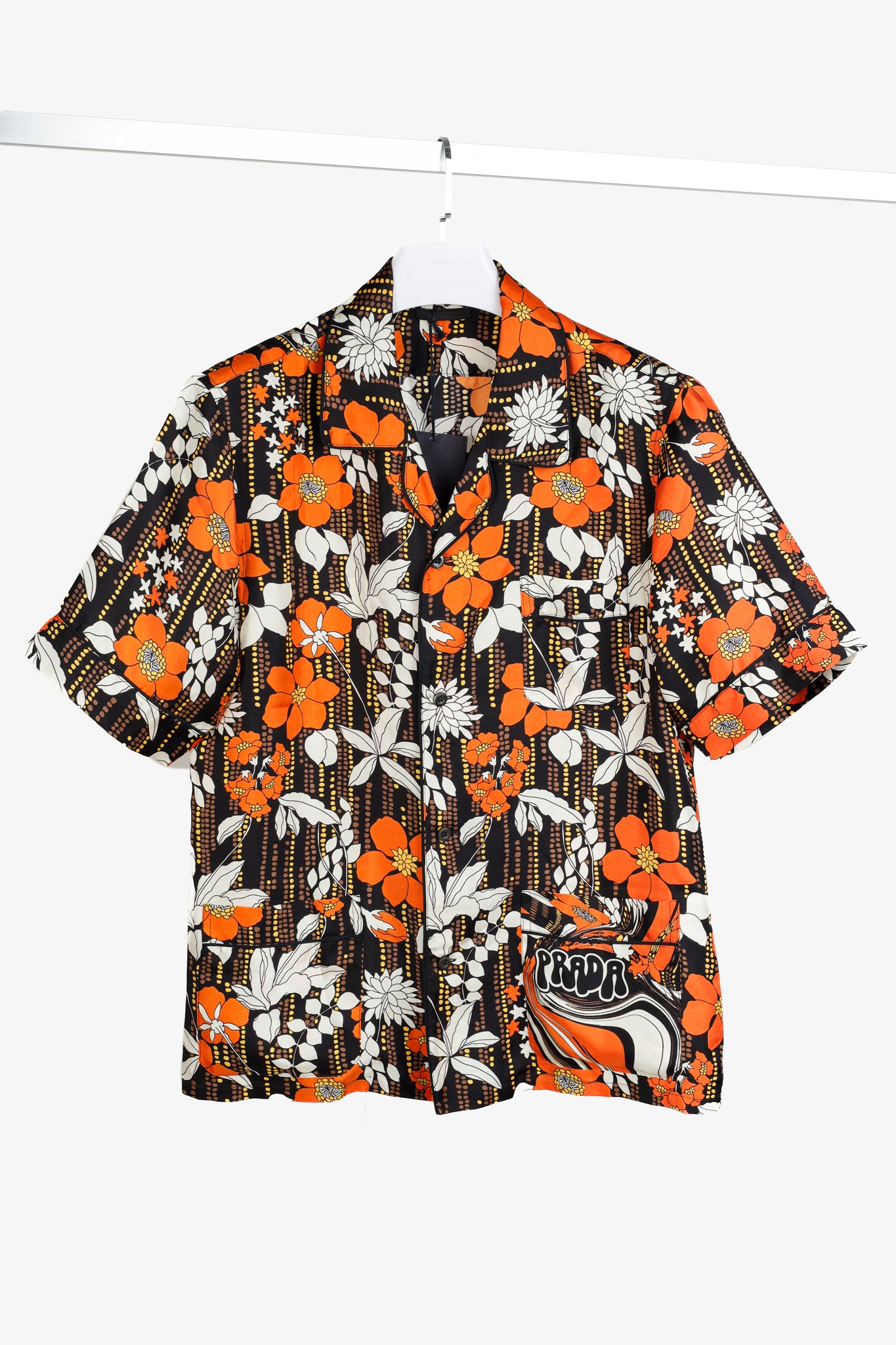 Prada 2018 Orange Silk Hawaiian Print Bowling Shirt