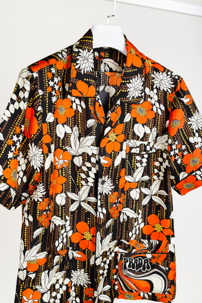 Prada 2018 Orange Silk Hawaiian Print Bowling Shirt