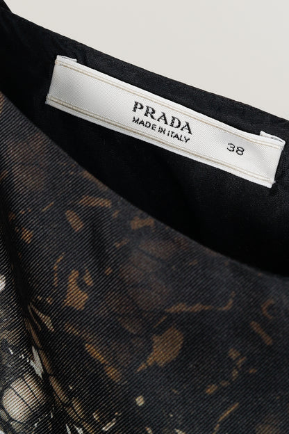 Prada AW/08 Brown Lace-Print Silk Cap-Sleeve Dress