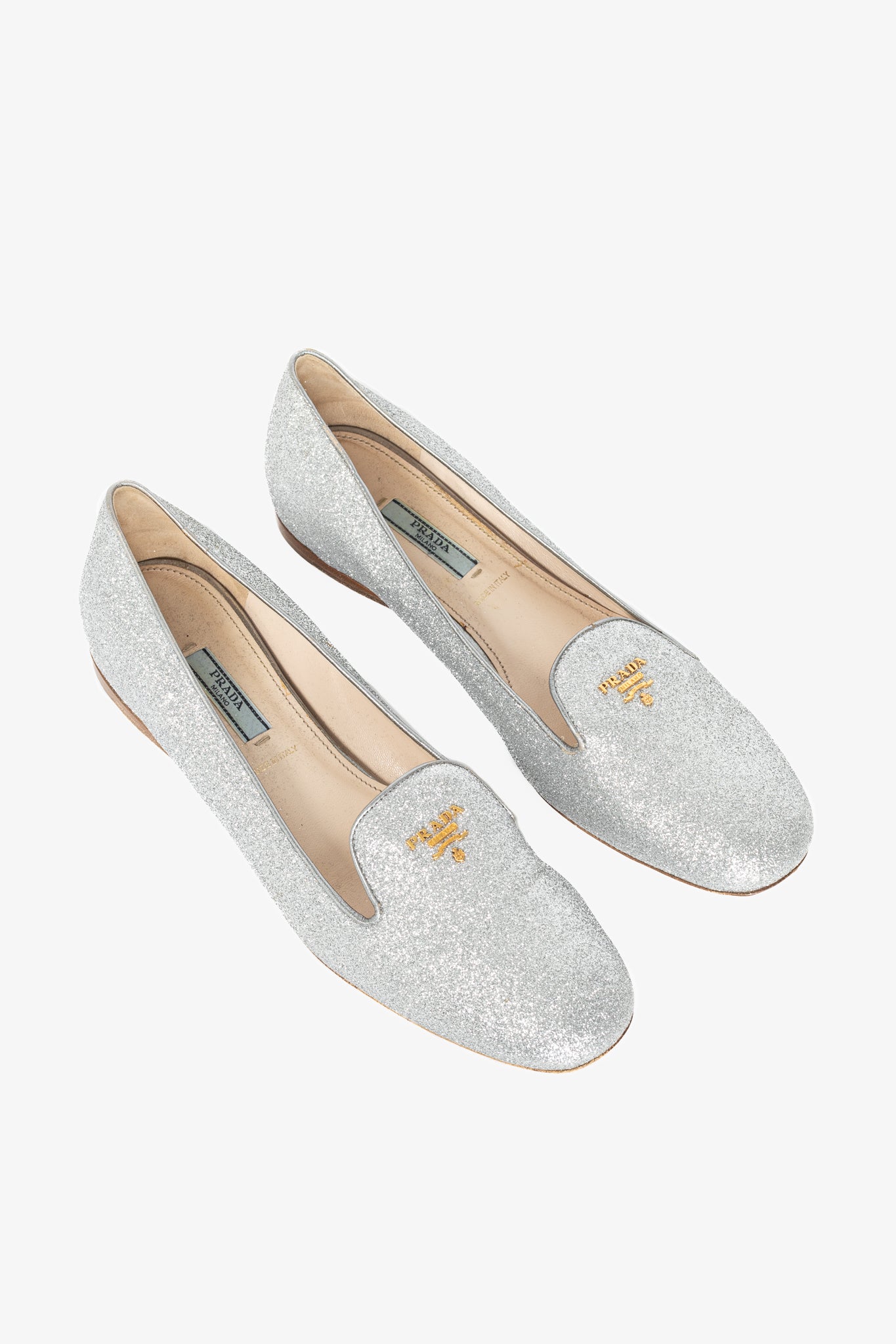 Prada Argento Glitter Logo Hidden-Wedge Loafers
