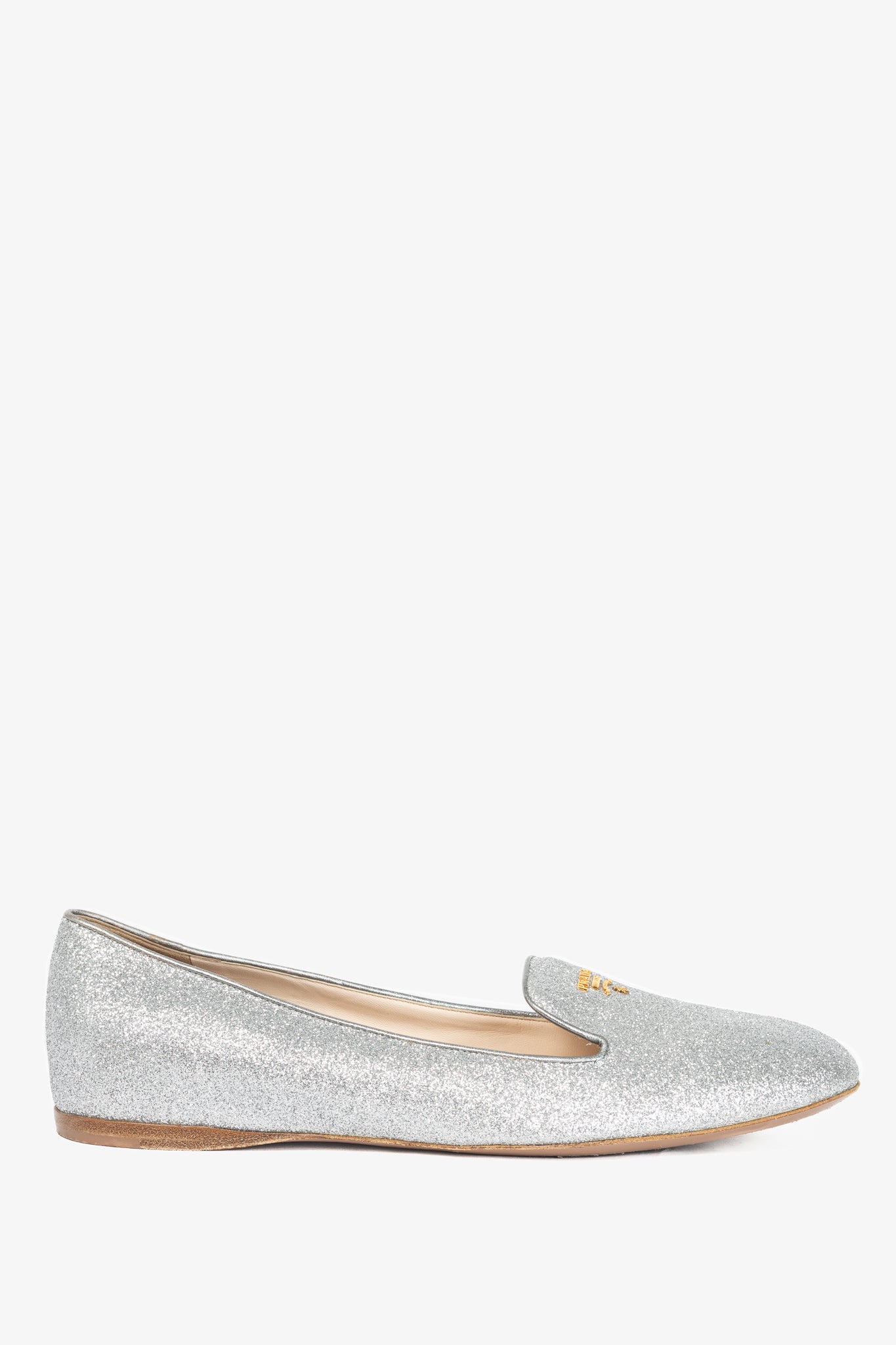 Prada Argento Glitter Logo Hidden-Wedge Loafers