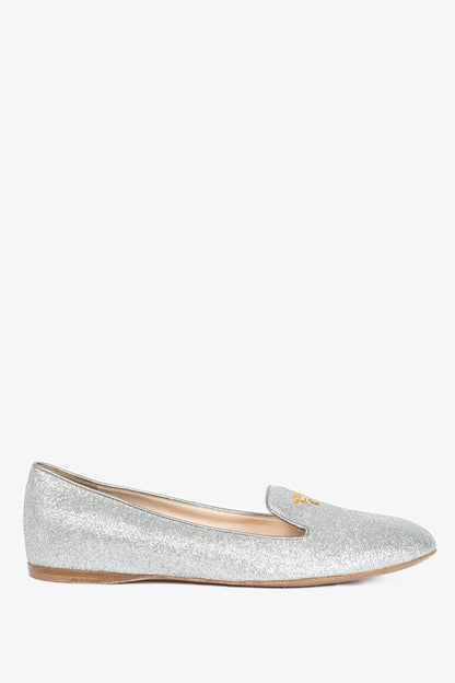 Prada Argento Glitter Logo Hidden-Wedge Loafers