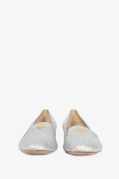 Prada Argento Glitter Logo Hidden-Wedge Loafers