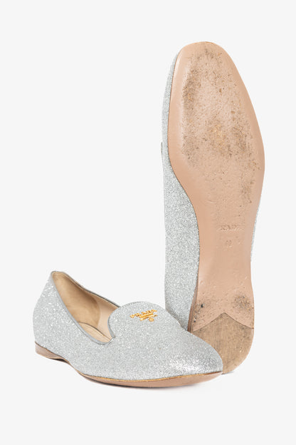 Prada Argento Glitter Logo Hidden-Wedge Loafers