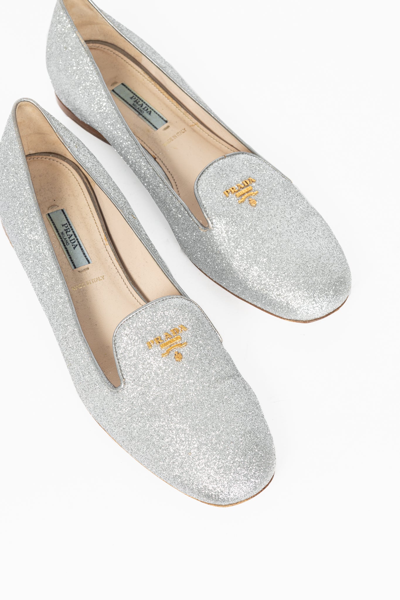 Prada Argento Glitter Logo Hidden-Wedge Loafers