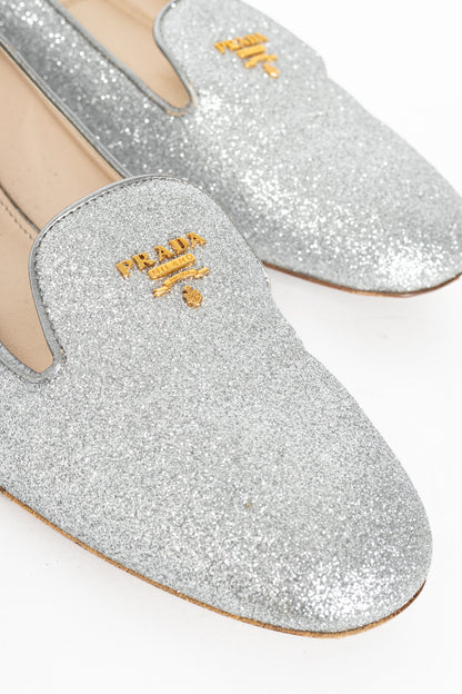 Prada Argento Glitter Logo Hidden-Wedge Loafers