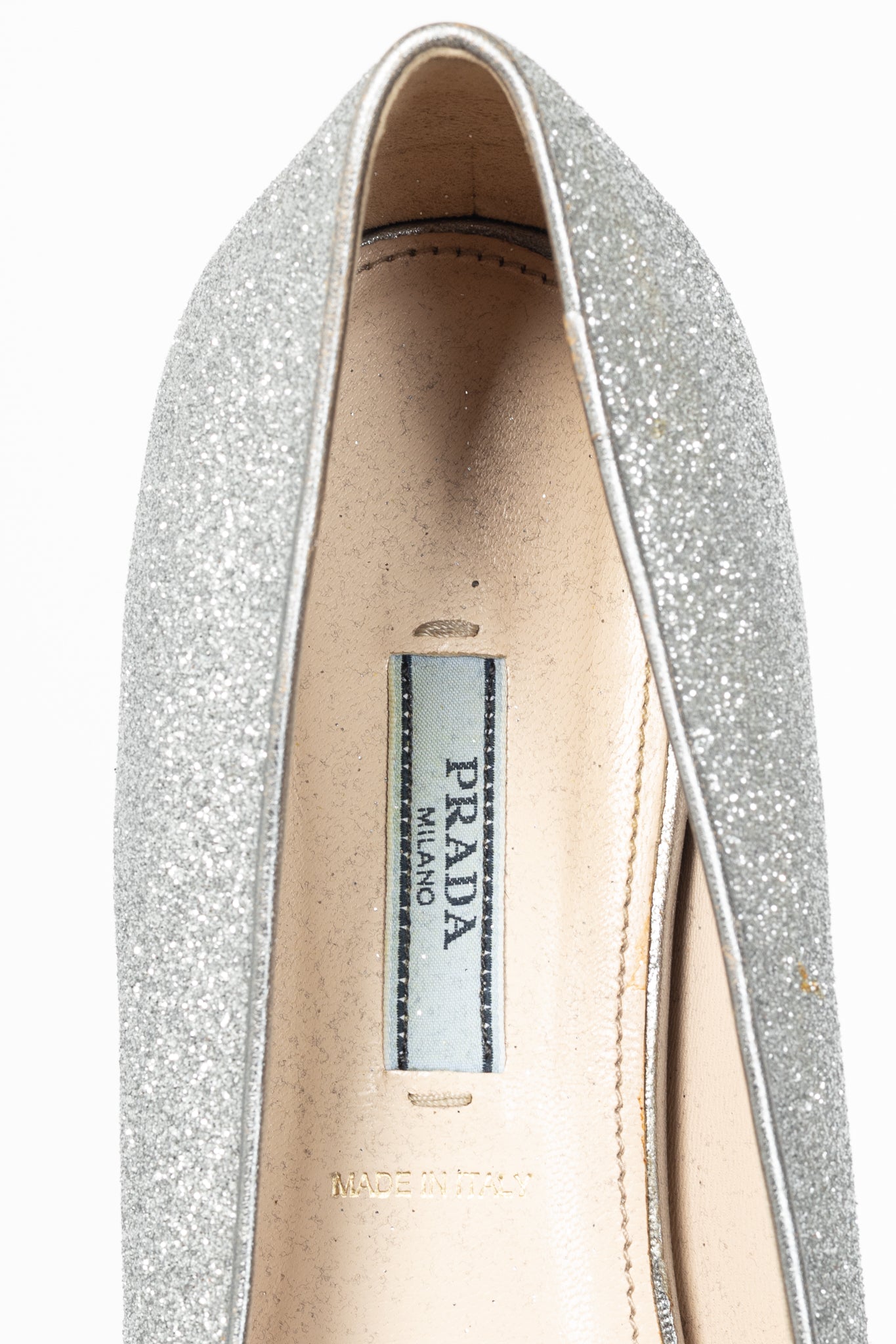 Prada Argento Glitter Logo Hidden-Wedge Loafers