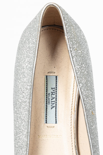 Prada Argento Glitter Logo Hidden-Wedge Loafers