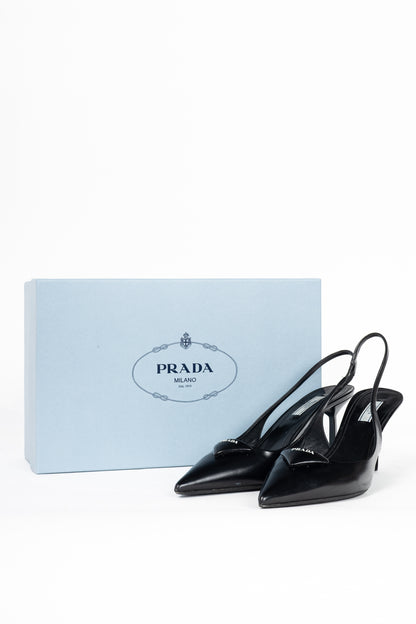 Prada Black Leather Logo Pointed-Toe Slingback Heels