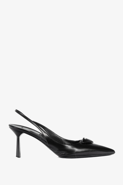 Prada Black Leather Logo Pointed-Toe Slingback Heels