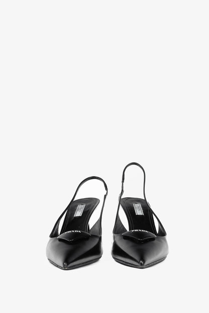 Prada Black Leather Logo Pointed-Toe Slingback Heels