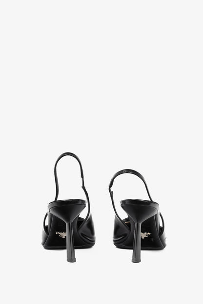 Prada Black Leather Logo Pointed-Toe Slingback Heels