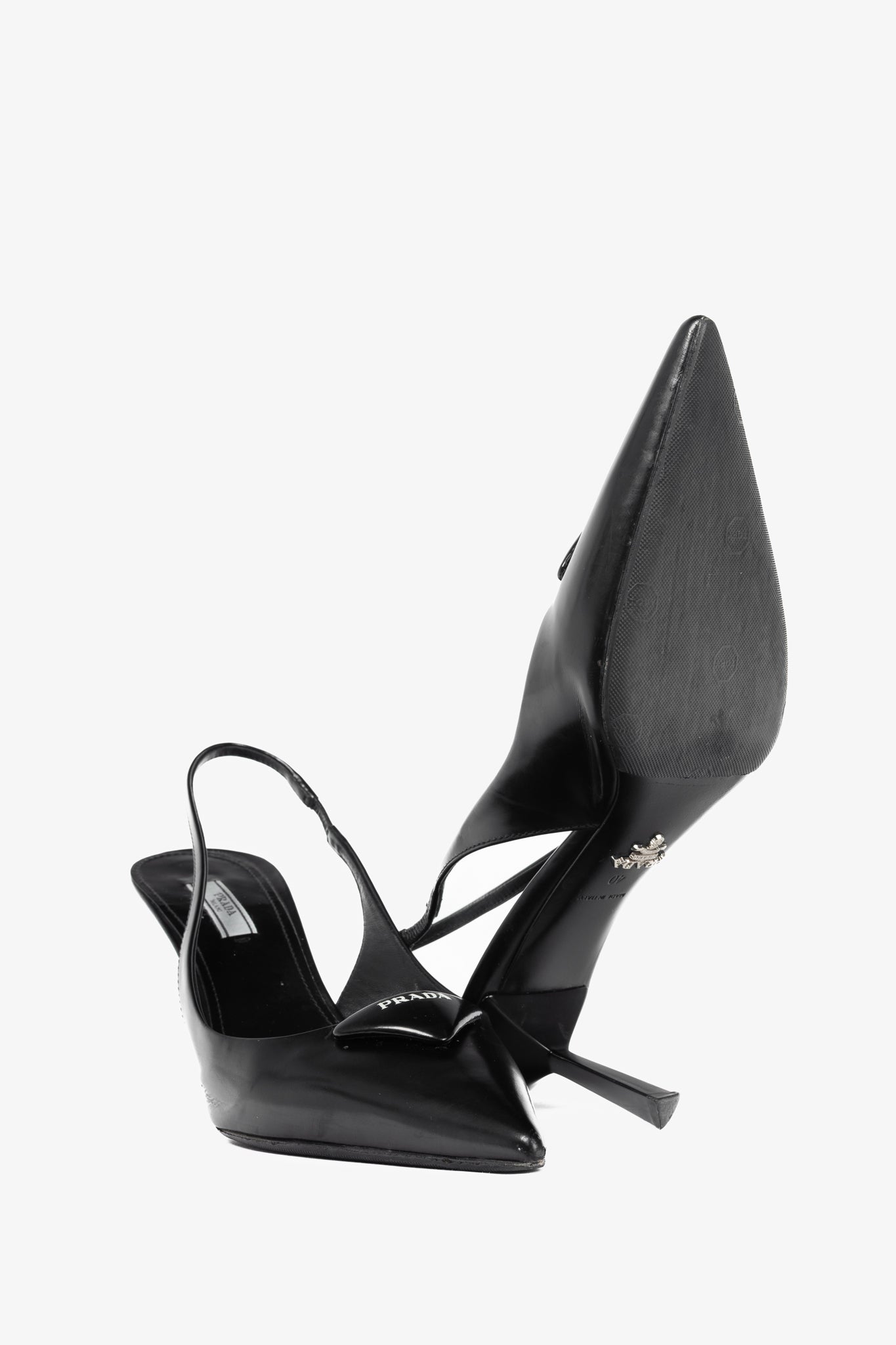 Prada Black Leather Logo Pointed-Toe Slingback Heels