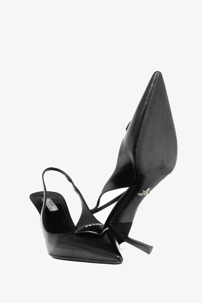 Prada Black Leather Logo Pointed-Toe Slingback Heels