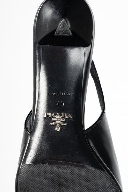 Prada Black Leather Logo Pointed-Toe Slingback Heels