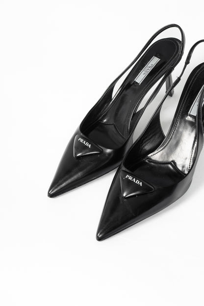 Prada Black Leather Logo Pointed-Toe Slingback Heels