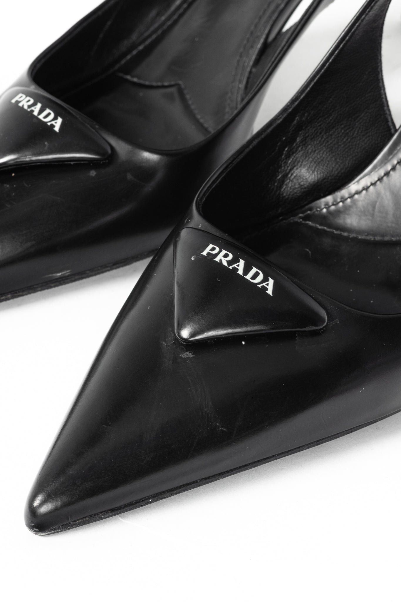 Prada Black Leather Logo Pointed-Toe Slingback Heels