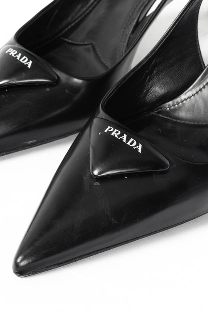 Prada Black Leather Logo Pointed-Toe Slingback Heels