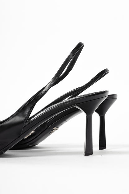 Prada Black Leather Logo Pointed-Toe Slingback Heels