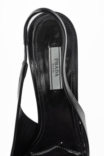 Prada Black Leather Logo Pointed-Toe Slingback Heels
