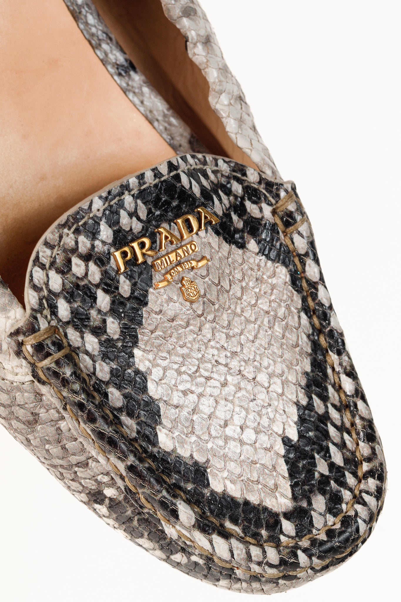 Prada Taupe Grey Reptile Embossed Driving-Style Leather Loafer